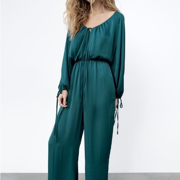 Zara Pants - Zara Satin Teal Jumpsuit with elastic waist, wide leg - Size M